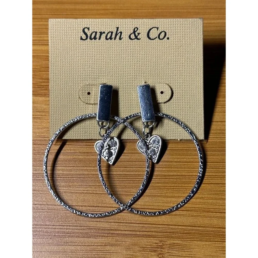 Sarah & Co Silver Tone Hoop Earrings with Rhinestone Heart Charm Dangle New